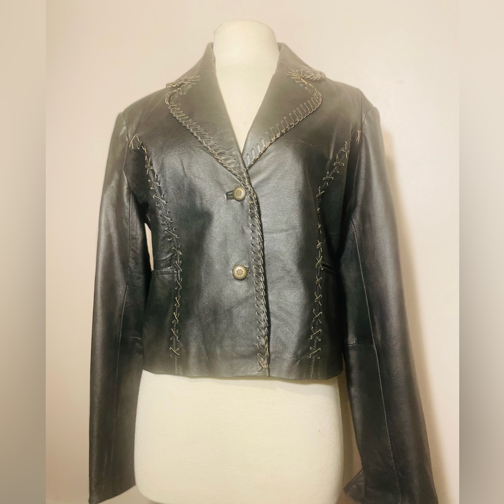 Leather Gallery     Leather Black Jacket   Braiding Throughout  Size Lg